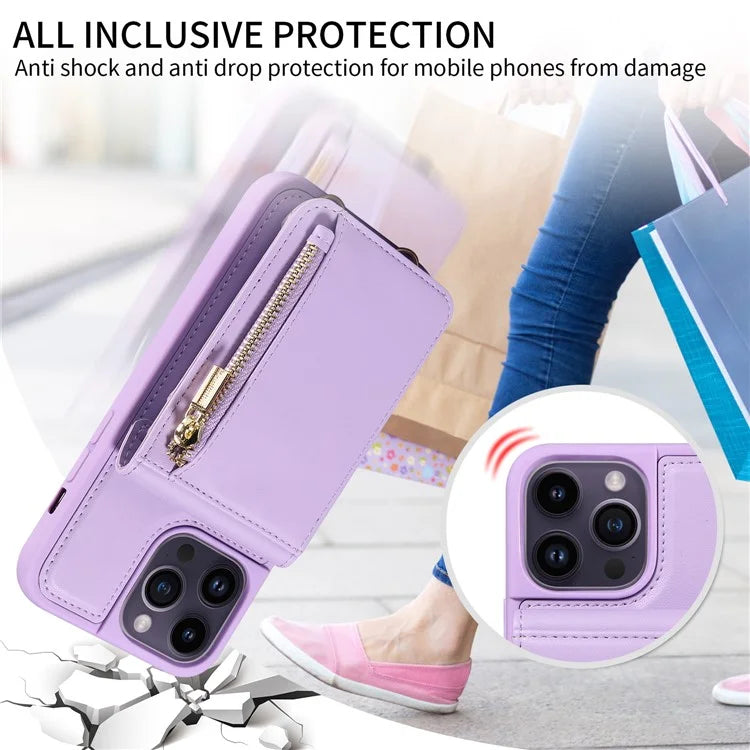 For iPhone 14 Pro Max Case Zipper Kickstand RFID Blocking PU+TPU Phone Cover