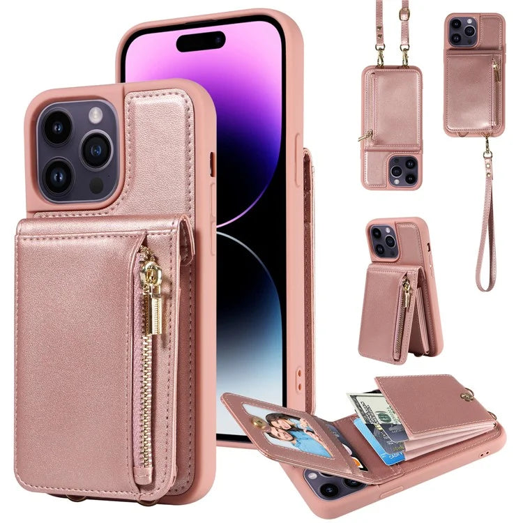 For iPhone 14 Pro Max Case Zipper Kickstand RFID Blocking PU+TPU Phone Cover
