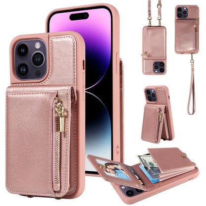 For iPhone 14 Pro Max Case Zipper Kickstand RFID Blocking PU+TPU Phone Cover
