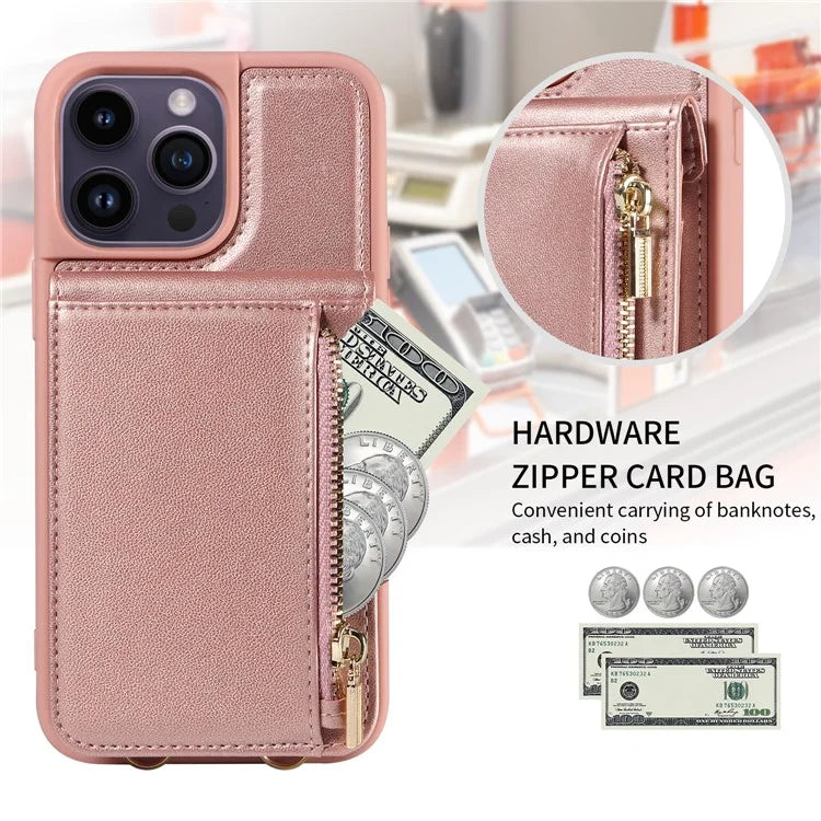 For iPhone 14 Pro Max Case Zipper Kickstand RFID Blocking PU+TPU Phone Cover