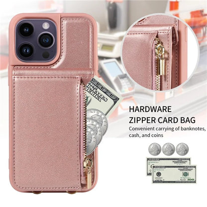 For iPhone 14 Pro Max Case Zipper Kickstand RFID Blocking PU+TPU Phone Cover