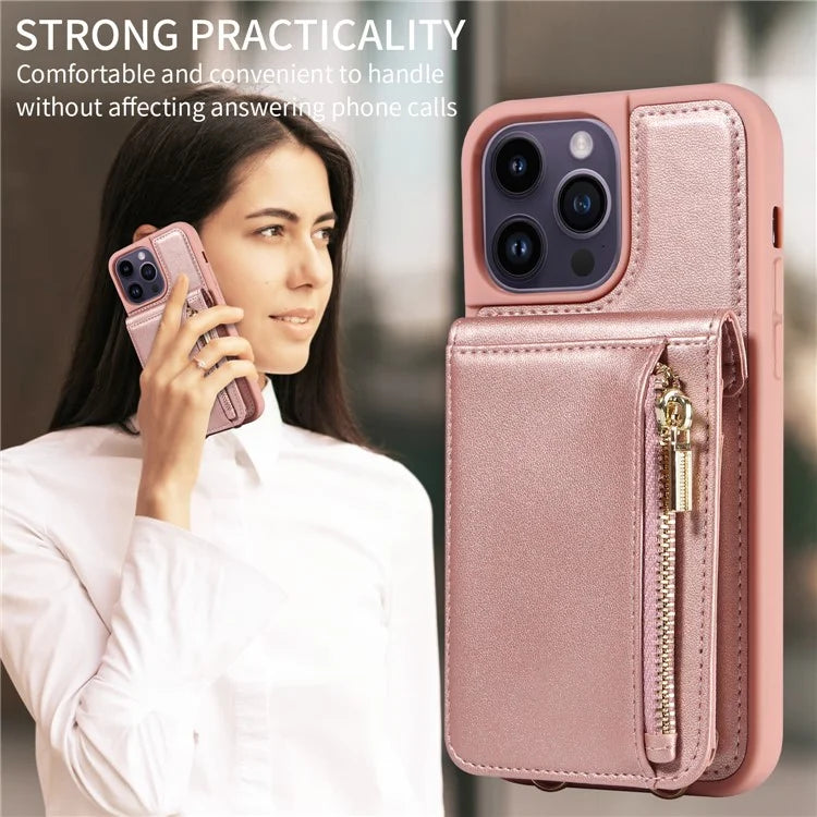 For iPhone 14 Pro Max Case Zipper Kickstand RFID Blocking PU+TPU Phone Cover