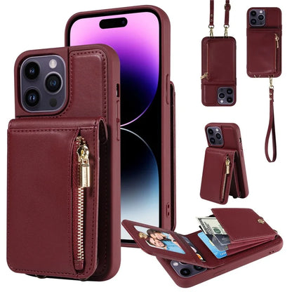 For iPhone 14 Pro Max Case Zipper Kickstand RFID Blocking PU+TPU Phone Cover