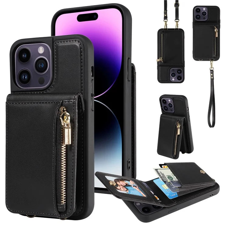For iPhone 14 Pro Max Case Zipper Kickstand RFID Blocking PU+TPU Phone Cover