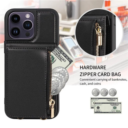 For iPhone 14 Pro Max Case Zipper Kickstand RFID Blocking PU+TPU Phone Cover