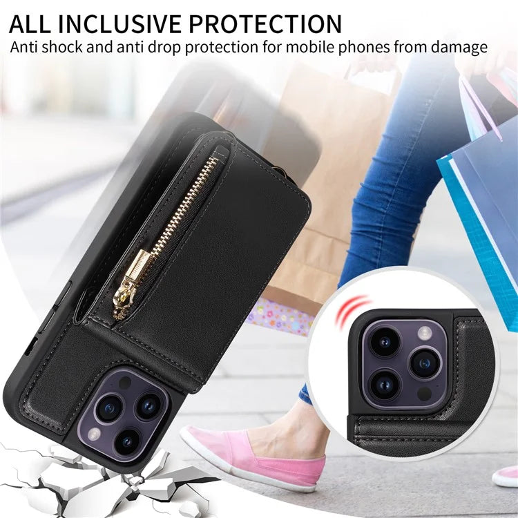 For iPhone 14 Pro Max Case Zipper Kickstand RFID Blocking PU+TPU Phone Cover