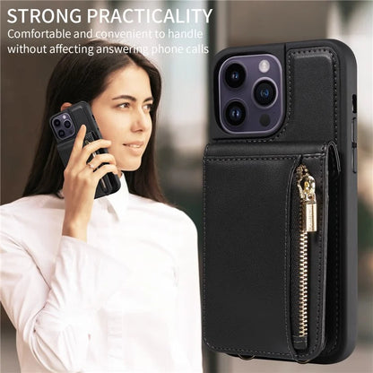 For iPhone 14 Pro Max Case Zipper Kickstand RFID Blocking PU+TPU Phone Cover