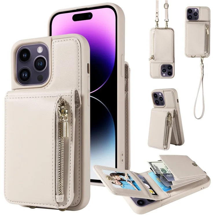 For iPhone 14 Pro Max Case Zipper Kickstand RFID Blocking PU+TPU Phone Cover