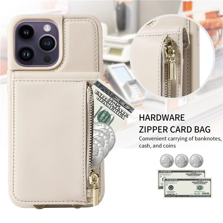 For iPhone 14 Pro Max Case Zipper Kickstand RFID Blocking PU+TPU Phone Cover