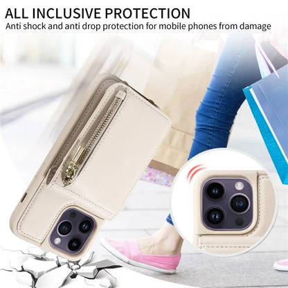 For iPhone 14 Pro Max Case Zipper Kickstand RFID Blocking PU+TPU Phone Cover