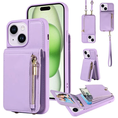 For iPhone 15 Plus Phone Case Anti-fall PU+TPU Kickstand Protective Wallet Cover with Straps