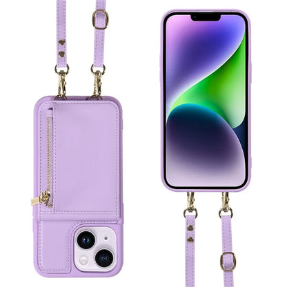 For iPhone 15 Plus Phone Case Anti-fall PU+TPU Kickstand Protective Wallet Cover with Straps