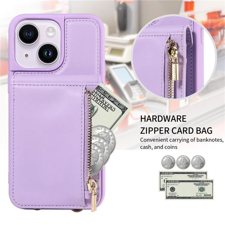 For iPhone 15 Plus Phone Case Anti-fall PU+TPU Kickstand Protective Wallet Cover with Straps