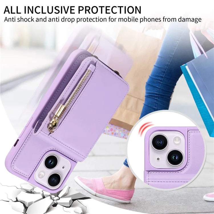 For iPhone 15 Plus Phone Case Anti-fall PU+TPU Kickstand Protective Wallet Cover with Straps