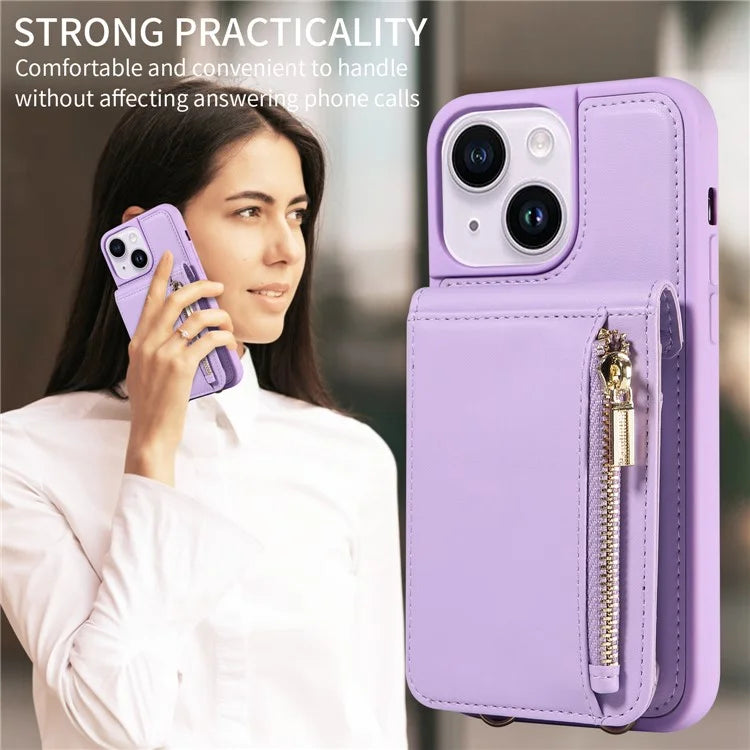 For iPhone 15 Plus Phone Case Anti-fall PU+TPU Kickstand Protective Wallet Cover with Straps