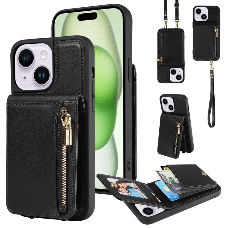 For iPhone 15 Plus Phone Case Anti-fall PU+TPU Kickstand Protective Wallet Cover with Straps