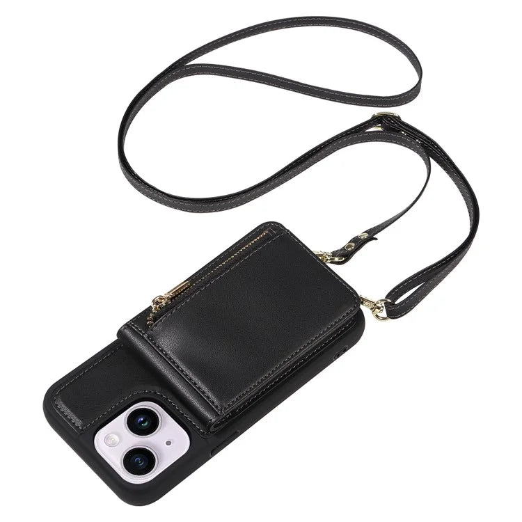 For iPhone 15 Plus Phone Case Anti-fall PU+TPU Kickstand Protective Wallet Cover with Straps