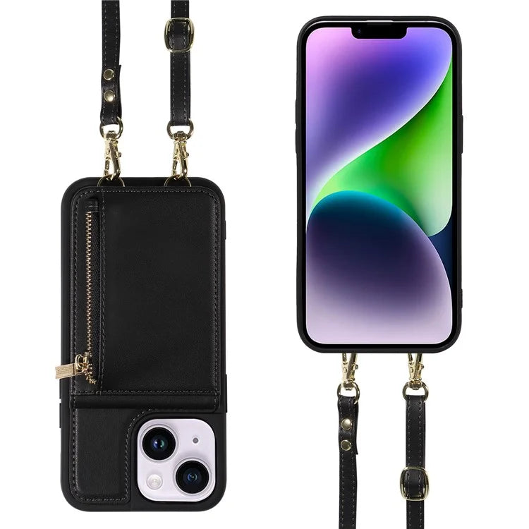 For iPhone 15 Plus Phone Case Anti-fall PU+TPU Kickstand Protective Wallet Cover with Straps