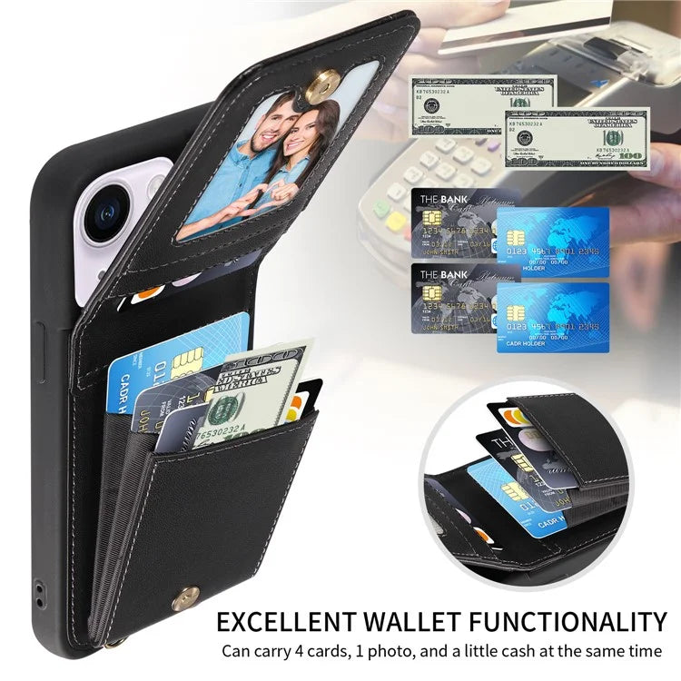 For iPhone 15 Plus Phone Case Anti-fall PU+TPU Kickstand Protective Wallet Cover with Straps