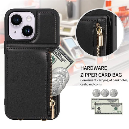 For iPhone 15 Plus Phone Case Anti-fall PU+TPU Kickstand Protective Wallet Cover with Straps