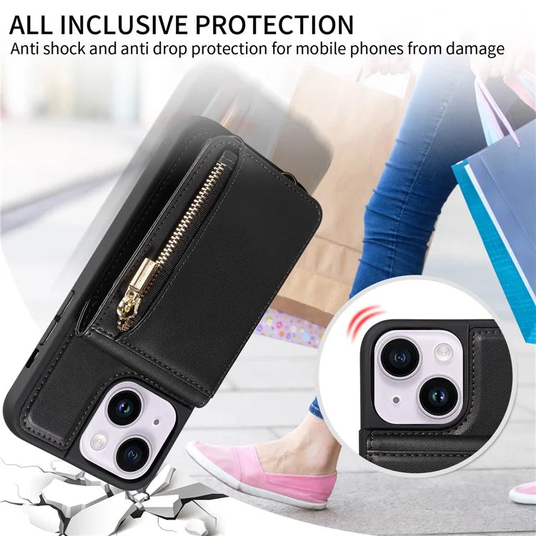 For iPhone 15 Plus Phone Case Anti-fall PU+TPU Kickstand Protective Wallet Cover with Straps