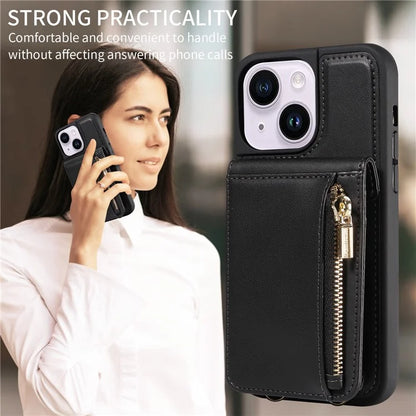 For iPhone 15 Plus Phone Case Anti-fall PU+TPU Kickstand Protective Wallet Cover with Straps