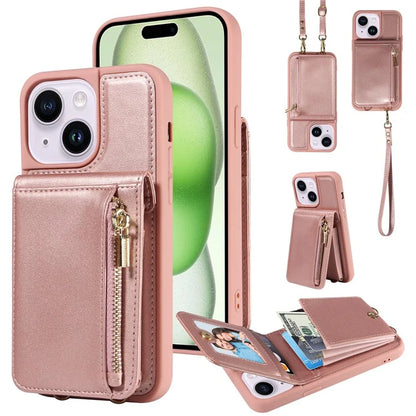 For iPhone 15 Plus Phone Case Anti-fall PU+TPU Kickstand Protective Wallet Cover with Straps