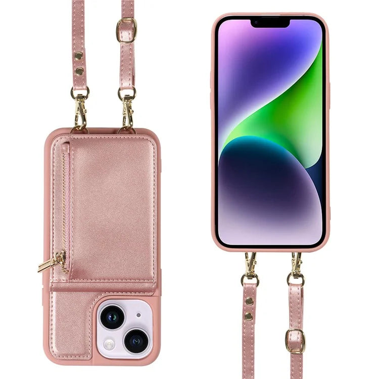 For iPhone 15 Plus Phone Case Anti-fall PU+TPU Kickstand Protective Wallet Cover with Straps