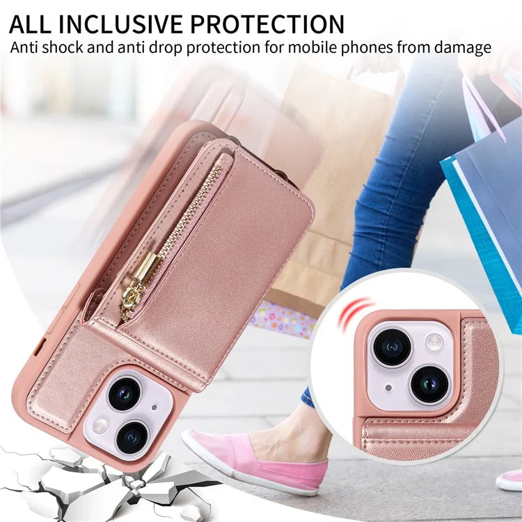 For iPhone 15 Plus Phone Case Anti-fall PU+TPU Kickstand Protective Wallet Cover with Straps