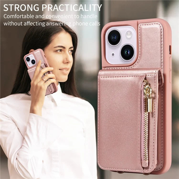 For iPhone 15 Plus Phone Case Anti-fall PU+TPU Kickstand Protective Wallet Cover with Straps