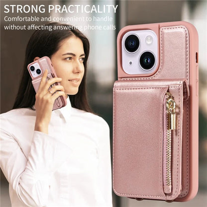 For iPhone 15 Plus Phone Case Anti-fall PU+TPU Kickstand Protective Wallet Cover with Straps
