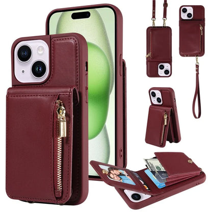 For iPhone 15 Plus Phone Case Anti-fall PU+TPU Kickstand Protective Wallet Cover with Straps