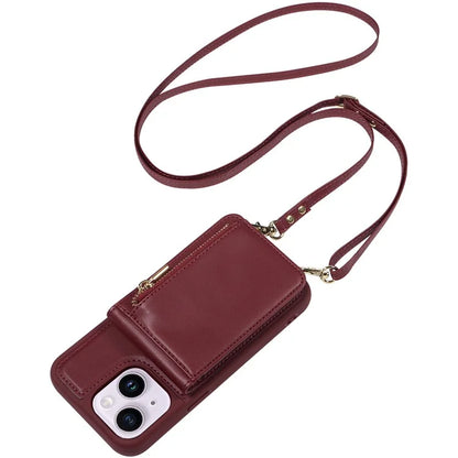 For iPhone 15 Plus Phone Case Anti-fall PU+TPU Kickstand Protective Wallet Cover with Straps