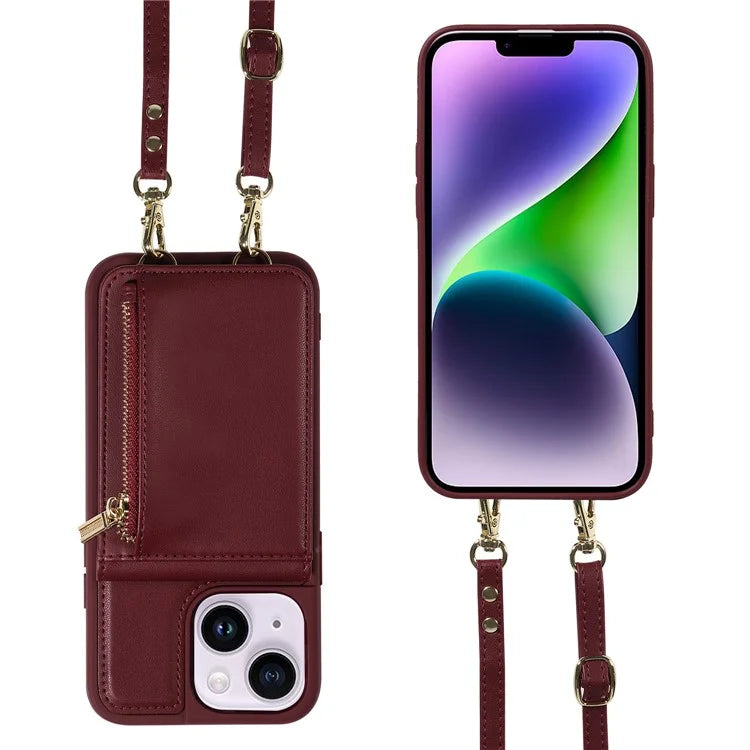 For iPhone 15 Plus Phone Case Anti-fall PU+TPU Kickstand Protective Wallet Cover with Straps