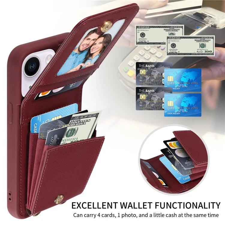 For iPhone 15 Plus Phone Case Anti-fall PU+TPU Kickstand Protective Wallet Cover with Straps