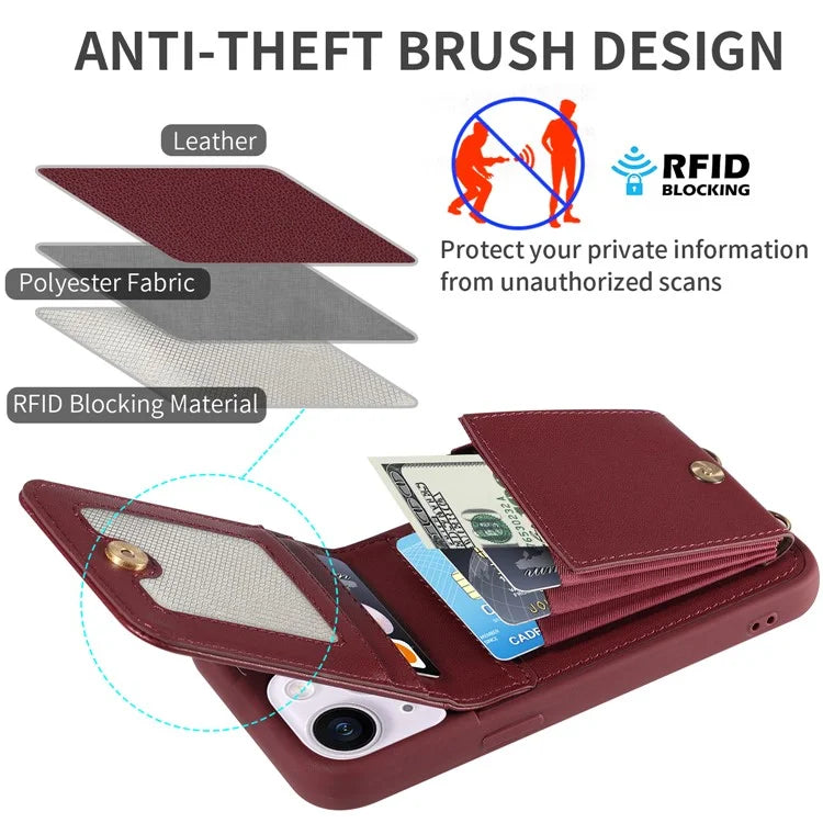 For iPhone 15 Plus Phone Case Anti-fall PU+TPU Kickstand Protective Wallet Cover with Straps