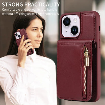 For iPhone 15 Plus Phone Case Anti-fall PU+TPU Kickstand Protective Wallet Cover with Straps