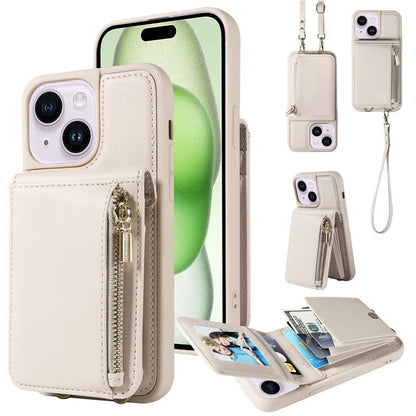 For iPhone 15 Plus Phone Case Anti-fall PU+TPU Kickstand Protective Wallet Cover with Straps