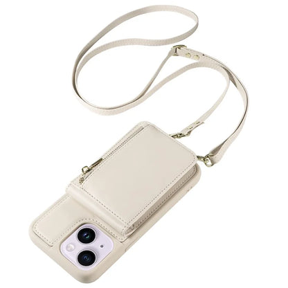 For iPhone 15 Plus Phone Case Anti-fall PU+TPU Kickstand Protective Wallet Cover with Straps