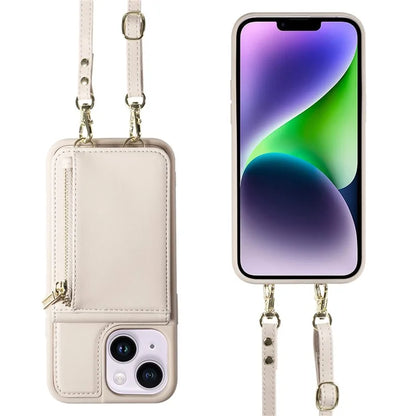 For iPhone 15 Plus Phone Case Anti-fall PU+TPU Kickstand Protective Wallet Cover with Straps