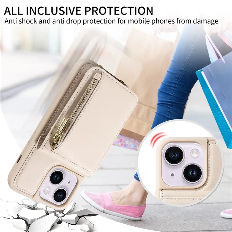 For iPhone 15 Plus Phone Case Anti-fall PU+TPU Kickstand Protective Wallet Cover with Straps