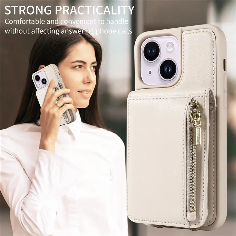 For iPhone 15 Plus Phone Case Anti-fall PU+TPU Kickstand Protective Wallet Cover with Straps