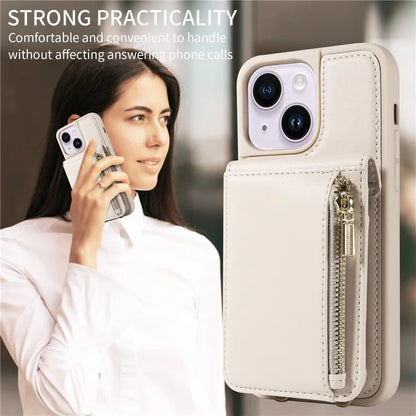 For iPhone 15 Plus Phone Case Anti-fall PU+TPU Kickstand Protective Wallet Cover with Straps
