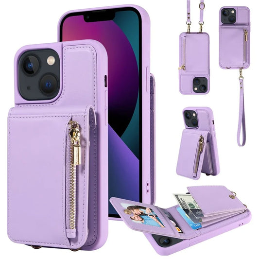 For iPhone 13 6.1 inch Case Shockproof RFID Blocking Phone Case with Kickstand and Straps