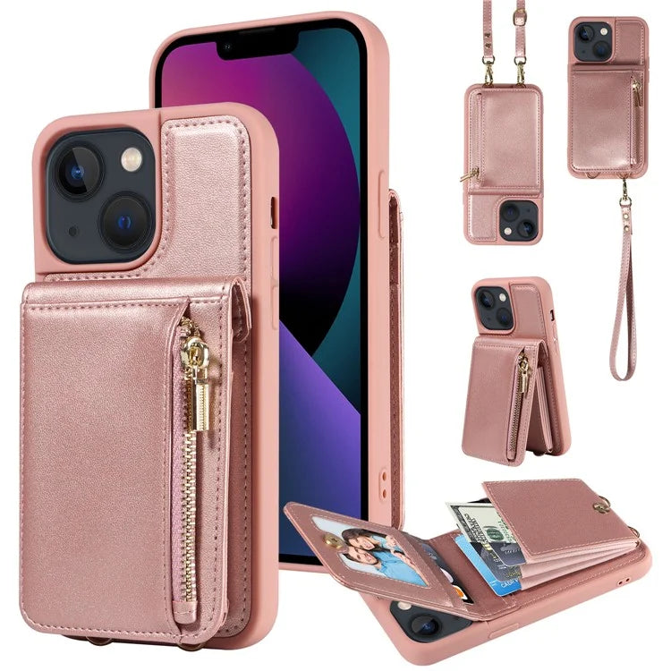 For iPhone 13 6.1 inch Case Shockproof RFID Blocking Phone Case with Kickstand and Straps