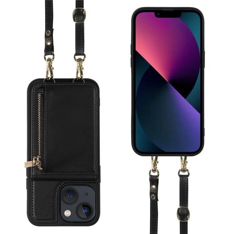 For iPhone 13 6.1 inch Case Shockproof RFID Blocking Phone Case with Kickstand and Straps