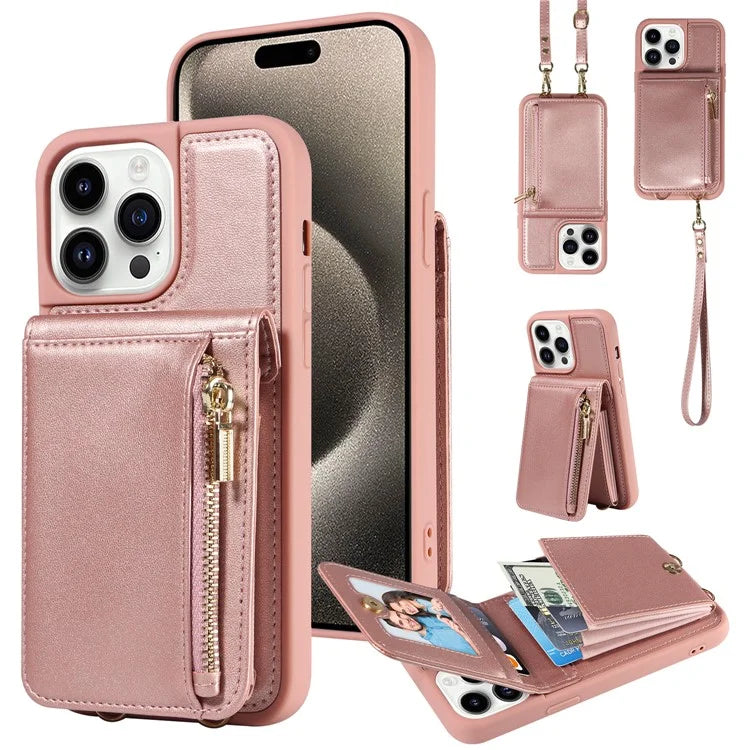 For iPhone 15 Pro Case Drop-proof PU+TPU Kickstand Zipper Wallet Phone Protector