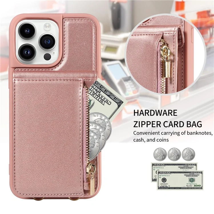 For iPhone 15 Pro Case Drop-proof PU+TPU Kickstand Zipper Wallet Phone Protector