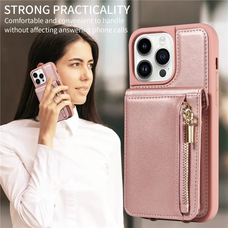 For iPhone 15 Pro Case Drop-proof PU+TPU Kickstand Zipper Wallet Phone Protector