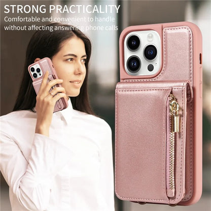 For iPhone 15 Pro Case Drop-proof PU+TPU Kickstand Zipper Wallet Phone Protector